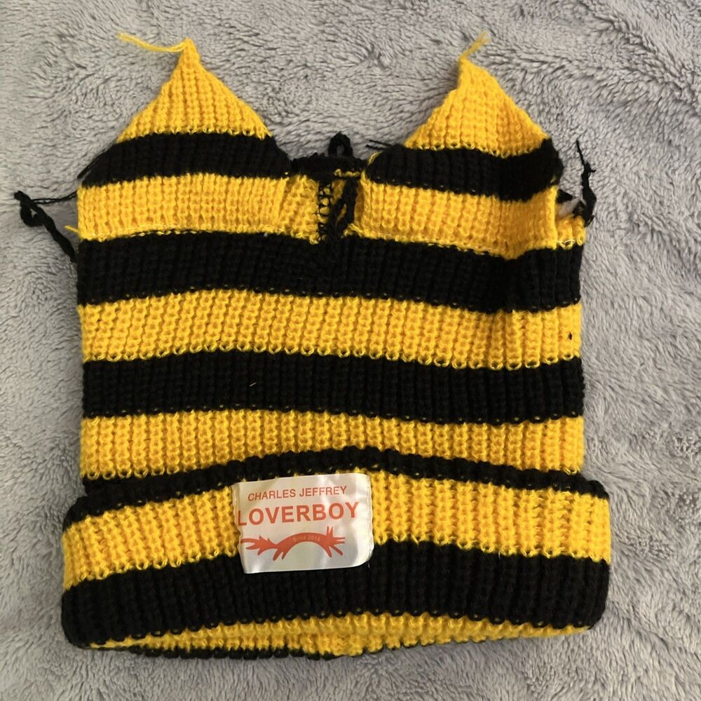 Charles Jeffrey Loverboy Striped Knit Black And Yellow Beanie Hat Men